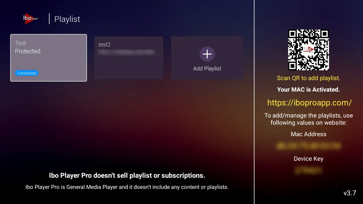 IBO Player scherm met MAC-adres, Device Key en de melding dat de MAC is geactiveerd